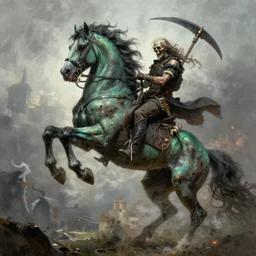 the singular horseman of the apocalypse is riding a strong fierce ferocious rabid undead green stallion, horse is up on its hind legs, the strong male rider is death with a scithe, beautiful artwork by artgerm and rutkowski, breathtaking, dramatic
