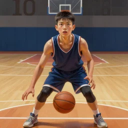 portrait of a boy at a basketball court playing basketball wearing a basketball uniform in a basketball court, poised, intense emotion, detailed facial expression, detailed surroundings, intricate, elegant, highly detailed, centered, digital painting, artstation, concept art, smooth, sharp focus, illustration, by Peter Mohrbacher, WLOP