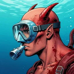 a profile photo of a devil with a diving oxygen mask with side profile blood in ocean intricate details by MARVEL comics and Sandra Chevrier-C