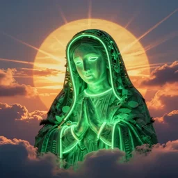 beatuiful sunset clouds made from virgin mary neon green face