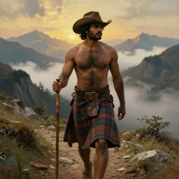 a dramatic epic beautiful ethereal painting of a shirtless rugged muscular indian man on a mountain path | he has a very hairy chest and is wearing a plaid kilt and cowboy hat, and holding a walking stick | background is mountain peaks and clouds | dramatic lighting, golden hour, homoerotic, realistic, art nouveau | by mark maggiori | trending on artstation