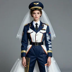a portrait by nick knight and norman rockwell of a beautiful girl detailed features wearing a pilot suit wedding dress synthetic materials, jumpsuits chic'techno fashion trend by nike
