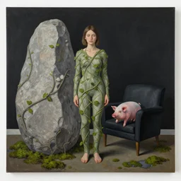 a pathology student in her apartment, wrapped in vines, large stones, pig, black walls, black armchair, puddles, moss, acrylic on canvas, surrealist, by magritte and monet