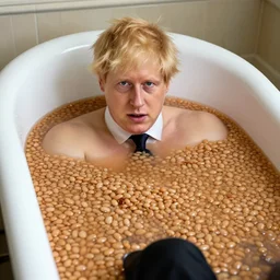 boris johnson sitting in a bathtub filled with baked beans, photo
