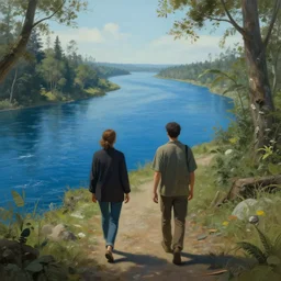 two people are walking in an unfamiliar environment, and a blue river stretches into the distance., art by ron walotsky, detailed surrealism, ultra realistic, fantasy, sci - fi, 8 k.