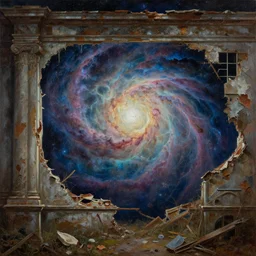 a victorian wall decaying into a space nebula, oil on canvas, fantasy, high detail, masterpiece