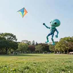 A xenomorph flying a kite in the park