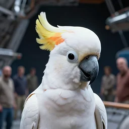 cinematic portrait of white orange cockatoo with big white crest, space station at background, high detail, 8 k, sharp focus, movie still, dramatic lighting, ray tracing, smooth, lane brown, finnstark, oleg bulakh, diego fazio, mike dargas, emanuele dascanio, felix englund, michal karcz