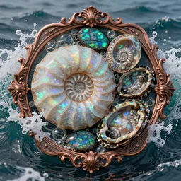 art nouveau cresting oil slick waves, hyperdetailed bubbles in a shiny iridescent oil slick wave, ammolite, detailed giant opalized ammonite shell, black opal, abalone, paua shell, ornate copper patina medieval ornament, rococo, oganic rippling spirals, octane render, 8 k 3 d, cresting waves seafoam