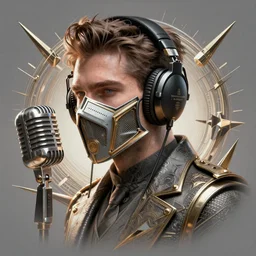 character portrait concept design guy denning, tim doyle handsome anarchy headphones antique microphone broadcast radio face mask heroic!! sharp edges. elegant, dynamic angle, intricate highly detailed complexity, epic composition, symmetry, cinematic lighting masterpiece