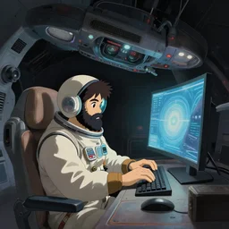 a spaceship pilot with a black beard working on a computer, painting by Craig Mullins, octane rendering, hyperdrive lighting, wide angle lens, in the style of Hayao Miyazaki, trending on artstation, extreme contrast