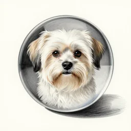self portrait of a havanese dog reflecting into a chrome sphere, pen on paper, by mc escher