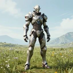 full body character portrait of a warframe!! in the style of final fantasy xiv!!!, wide angle shot, warframe, final fantasy, final fantasy 1 4, final fantasy xiv, realistic shading, realistic lighting, very well detailed, segmented organic armor, standing in a grassy field