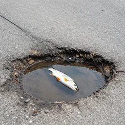 fishing in a puddle that has formed in a pothole in the road
