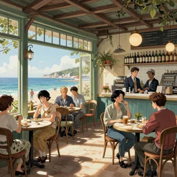 detailed ultra - realistic graphic novel illustration opened seashore cafe, french noon, 1 9 century, by famous digital artists, cinematic, full shot, hi fantasy art, colorfull interior by ilya kuvshinov, nature by greg rutkowski, faces by tokugawa