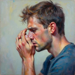 side portrait, male, freedom from cptsd, adult, trauma, guilt, shame, anger, grief, fight or flight, recovering from pain, sorrow, inner voice and negative chatter : : oil painting, vibrant powder paints, highly detailed, intricate 1 6 k resolution, v - ray