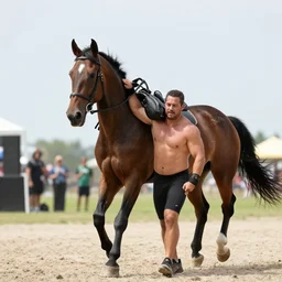 strongman carrying horse on his back