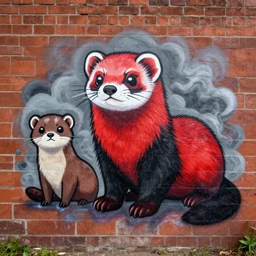 graffiti tag of a friendshaped furry fandom ferret * weasel * stoat, red and black, smoke cloud backing on a brick wall