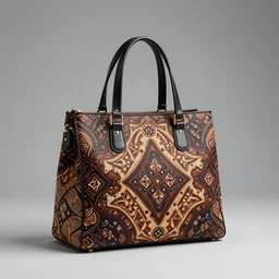 futuristic handbag with batik pattern, studio lighting, showcase