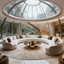 A futuristic living room in a glass dome with a big luxurious U-shape sofa and a luxurious table in the center, curved wooden staircase going upstairs in the back, professional interior design photograph, wide angle photograph, 8k resolution, hyper detailed