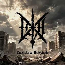 death metal logo, crumbling city in background, zdzislaw beksinski