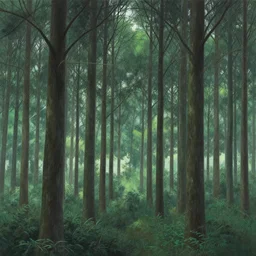 a forest with extremely thin tall trees, magically dense, calm serene atmosphere, by asher brown durand, by yoshitaka amano