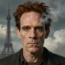 symmetrical full - frontal closeup of frankenstein face, splitting vaporwave clouds, tower in background