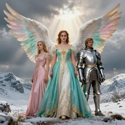 royalty angel, big wings, argentina, emma watson and karen gillan, hudson river school, max rive, full plate armor with cloth, f 1 6, bokeh, gentle, female, snowy mountain, storm clouds, god rays, landscape, d & d, fantasy, elegant, teal pink white gold color palette, concept art, roger deakins and greg rutkowski and alphonse mucha