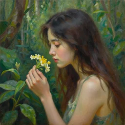 a girl in a jungle smelling flowers, her hair flowing down, subtle, intricate details, real masterpiece, oil on canvas, by somsak anong