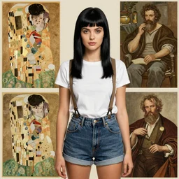 a woman with black hair and long pixie haircut in shorts with suspenders and white t-shirt drawn by paolo eleuteri serpieri, norman rockwell, frank frazetta, peter paul rubens, alphonse mucha, gustav klimt 4k, unreal 5, DAZ, french noveau, trending on artstation, octane render, hyperrealistic