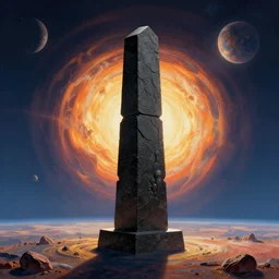 a replica black monolith on the planet, the dawn of man, overdetailed art, colorful, artistic record jacket