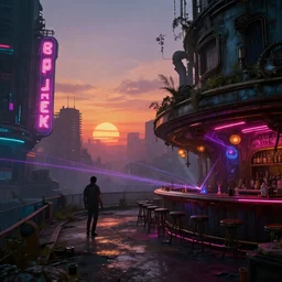 abandoned by noah bradley, postcyberpunk synthwave apocalyptic poppy galactic vice city sci - fi at dawn sunset neon signs steampunk scumm bar evil laser, archdaily, wallpaper, highly detailed, trending on artstation.