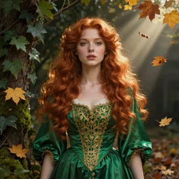portrait of a red haired woman wearing a green satin dress with fine gold filigree, autumn leaves falling, dramatic volumetric lighting, god rays, global illumination, soft, sharp focus, ivy, masterpiece, moss, trending on artstation, painting by Caravaggio and ruan jia and Daytoner and Alphonse Mucha