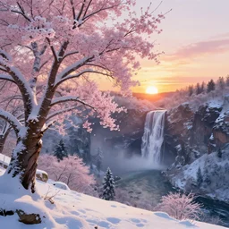 winter featured on artstation cherry tree overlooking valley waterfall sunset beautiful image stylized digital art