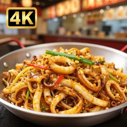 a pot full of squid yakisoba inside a chinese restaurant, 4K photo, zoom, award winning, background blur