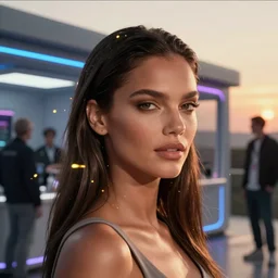 adriana lima close - up portrait leaning against her space shop, sundown golden hour firefly wisps, cyberpunk neon, steve hanks, charlie bowater, mark brooks, steve henderson, justin gerard, mark keathley, victor nizovtsev, tom bagshaw, krenz cushart, ross tran, focal length : 2 0 0. 0 mm