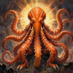 centered zoological portrait of orange cthulhu by gregory manchess in the style of moebius