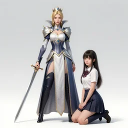 a hyper detailed full body portrait of the queen of blades and a girl kneeling, by tom bagshaw, diablo 4 lilith, by yusuke murata, by hiroya oku, trending on artstation