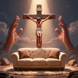 lofi sofa crucified on the cross, symmetrical hands, pixar style by tristan eaton stanley artgerm and tom bagshaw, high detail