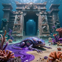 surrealist, cyborg, alien, water, amphibian, alien world, submerged, aquatic, aztec architecture, advanced, vibrant coral, purple liquid, sand, alien plants, temple, portal, star gate
