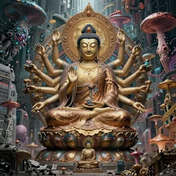 a epic sakyamuni, the founder of buddhism in cyberpunk style temple, decollage painting thousand - handed guanyin struggling in a ruined city full of organic fractal mycelum and fung, super complex and instruct, epic stunning atmosphere, hi - tech synthetic rna bioweapon nanotech demonic monster horror, art by anthony macbain + greg rutkowski + alphonse mucha, concept art, 4 k, sharp focus