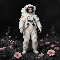 a vintage photograph of a female astronaut standing on a bed of black and pink flowers, photorealistic, muted colors, dark aesthetic, intricate, elegant, sharp focus, illustration, highly detailed, digital painting, concept art, matte, art by wlop and artgerm and greg rutkowski and ross tran, masterpiece
