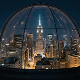 outside view of a City inside of a dome, realistic, glow, night,