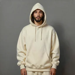a full body portrait of modern day jesus wearing cream yeezy menswear collection by nicola samori, hat and hoodie, detailed, oil painting, hyper realistic, 8 k, yeezy collection