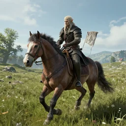 Dragonborn riding chonky horse through meadow in Skyrim