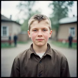 a lomographic portrait photo of soviet boy in soviet yard in small town, bokeh, perfect face