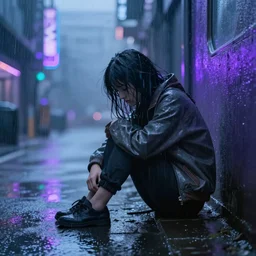 alone in cyberpunk, misty, raining, octane render, intricate, trending on artstation, detailed, sad scenery, neon lights, blue, violet,