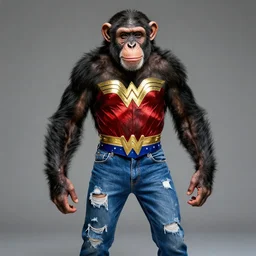 A chimpanzee wearing Tight fighting torn blue jeans and a Wonder Woman outfit, photographed in the style of Annie Leibovitz, studio lighting, hyperreal, Creature design by Rick Baker