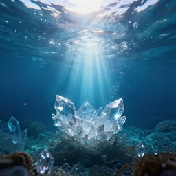 underwater, atmospheric, dof, crystal water, wide angle, volumetric dynamic lighting, ethereal, very coherent composition, masterpiece, octane render, god rays, rtx on, trending on cgsociety and artstation