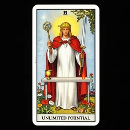 tarot card of Magician white robe purity, red cloak, knowledge, table in front with a cup, pentacle, sword and wand – water, earth, air and fire, unlimited potential, flowers, fruition of ideas by framk frazzeta, brom, luis royo, Zdzisław Beksiński and thu berchs James Gurney unreal engine, Trending on artstation.